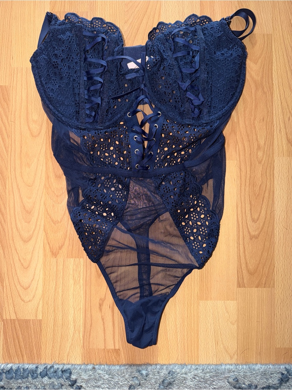 Victoria's Secret Navy Lace & Mesh Lace-Up Teddy